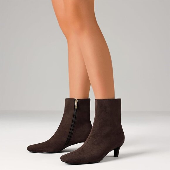 Women Chocolate Square Toe Kitten Faux Suede Short Low Heel Dressy Ankle Booties - Picture 6 of 6